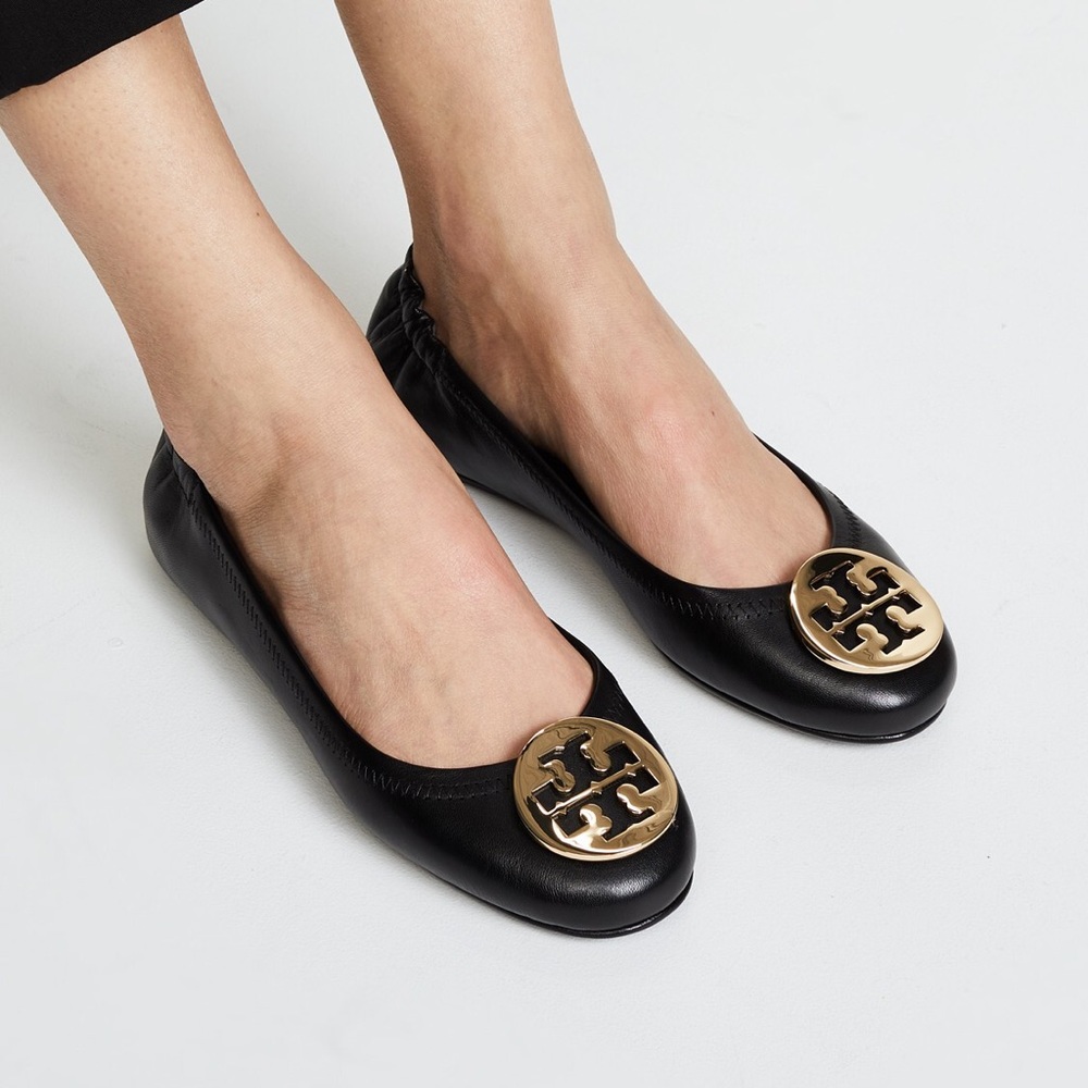 Tory Burch Travel Flat Black Leather/Silver- not Gold Tory B. emblem
